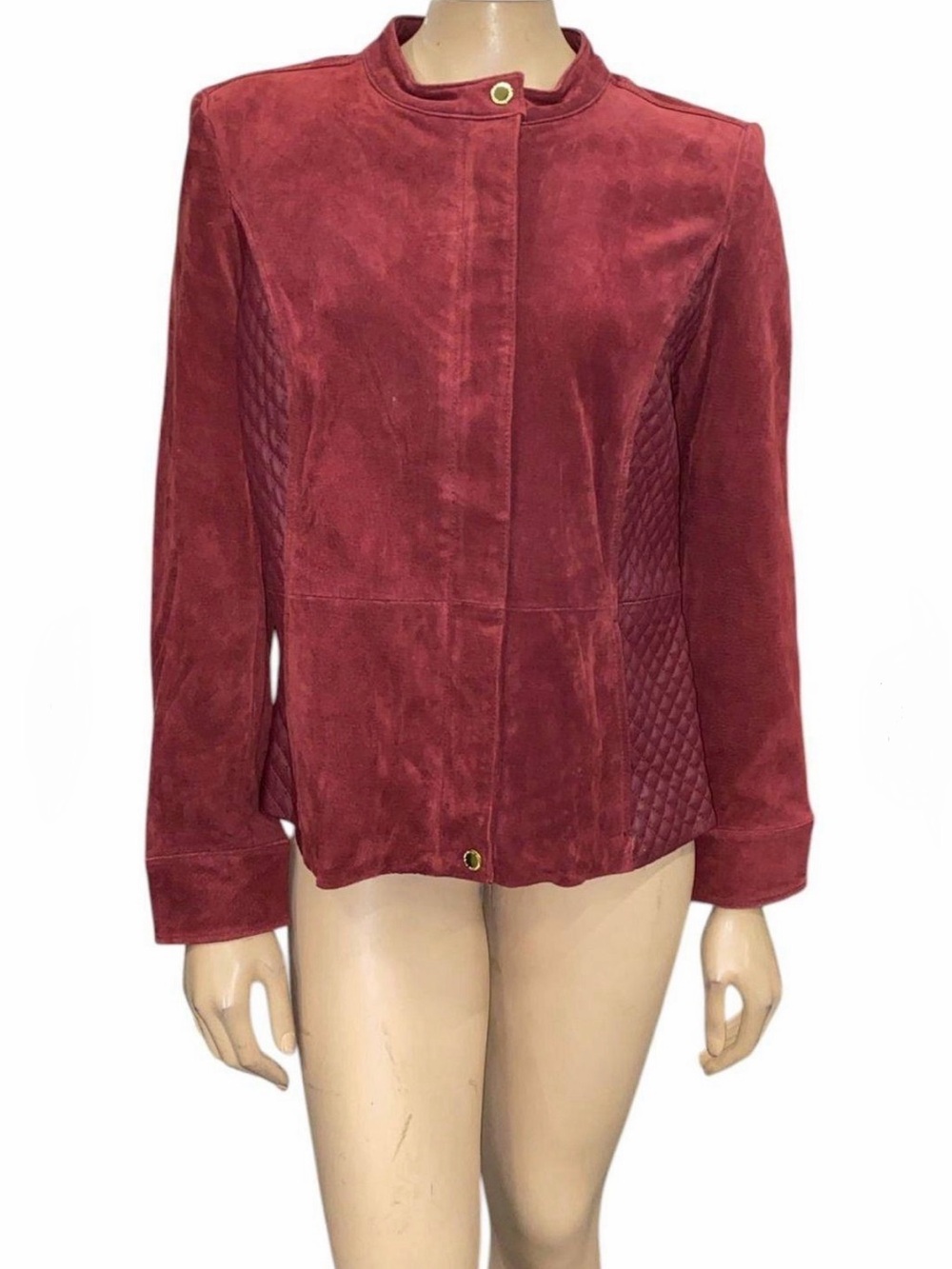 Isaac Mizrahi Live Oxblood Red Genuine Leather & Suede Quilted Detail Jacket, 10